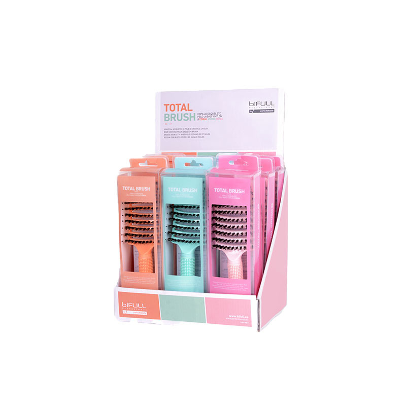 Bifull Display Szczotka Szkieletowa do włosów z włosiem dzika i nylonu Total Brush (OPAKOWANIE 9 sztuk Koralowy, Zielony, Różowy